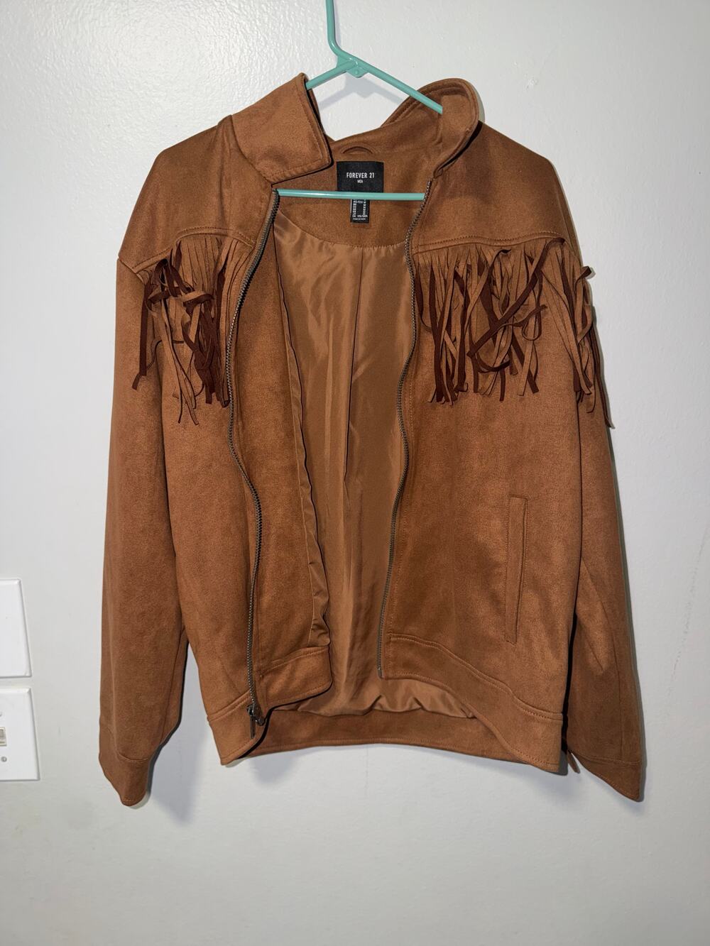 Forever 21 Brown Faux Suede Jacket Fringe Yoke Zip Front Lined